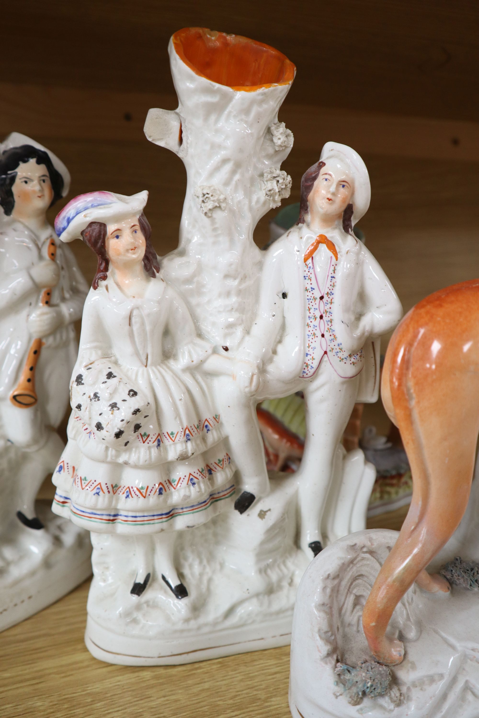 Seven Victorian Staffordshire flatbacks, tallest 33cm